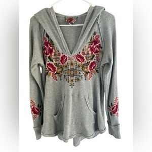 Johnny Was Axton Thermal Pullover Floral Embroidered Hoodie.